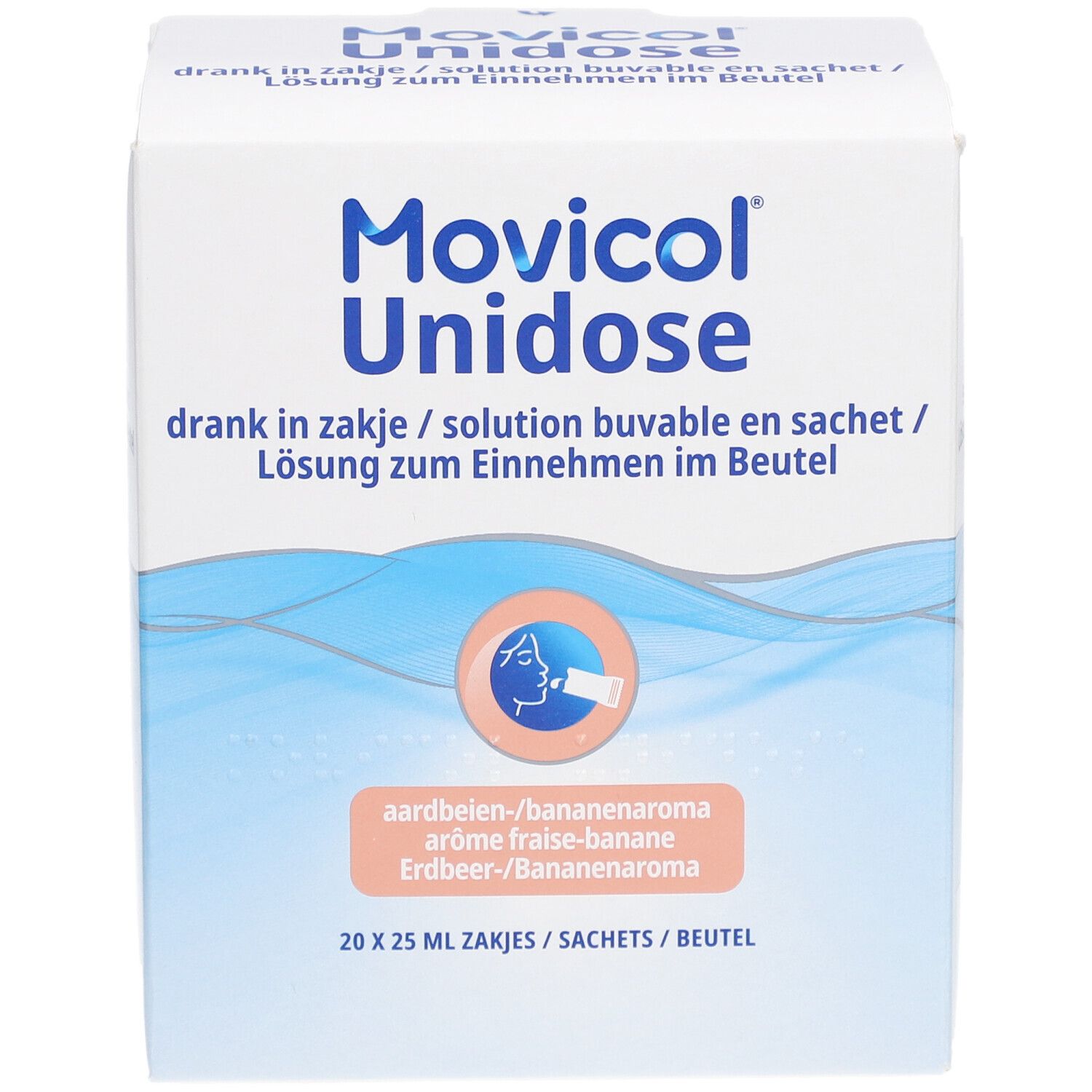 Doos Movicol Unidose. Aardbei-banaan aroma. 20 zakjes. Blauw-witte verpakking met productnaam.