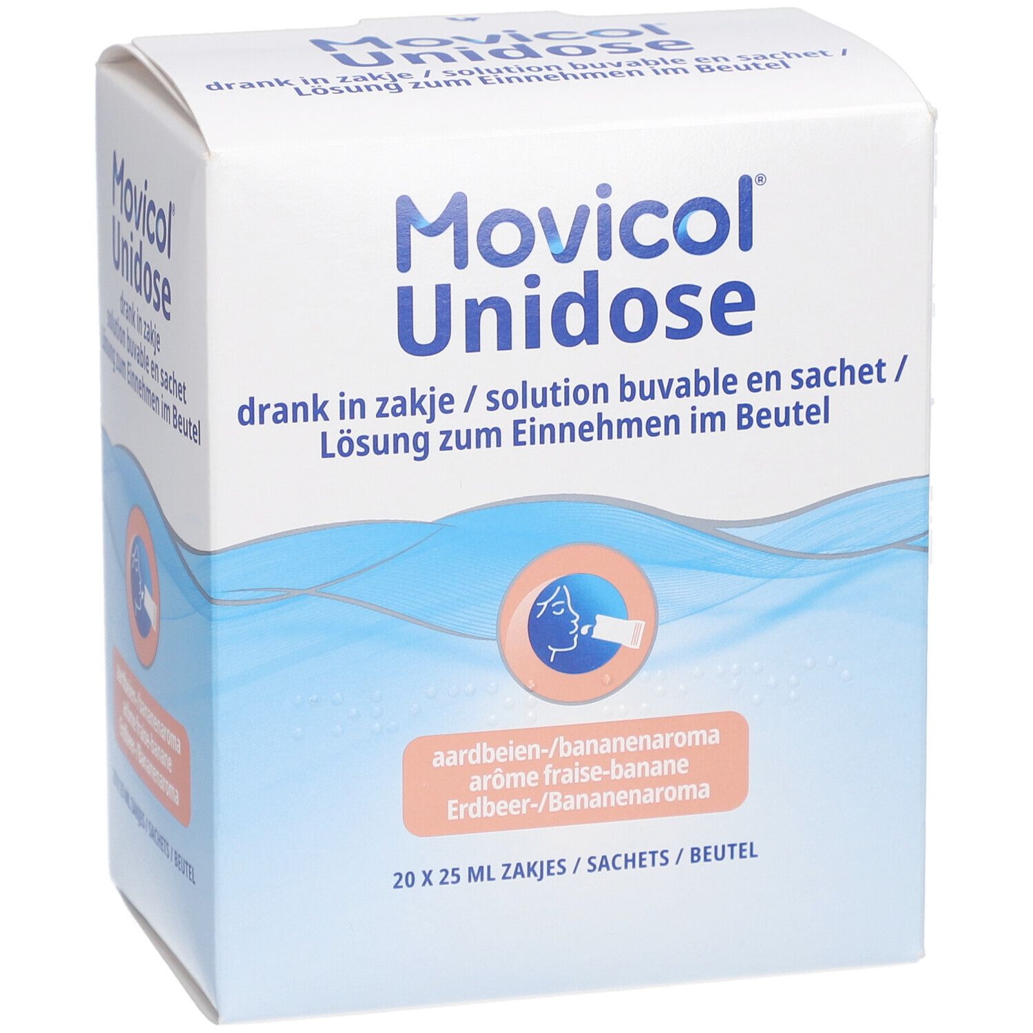 Doos Movicol Unidose. Aardbei-banaan aroma. 20 zakjes. Blauw-witte verpakking met productnaam.