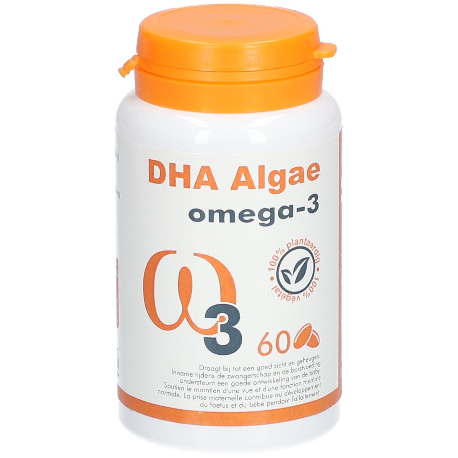 Flacon blanc à bouchon orange. Inscription DHA Algae omega-3. Contient 60 gélules. Logo ingrédients végétaux.
