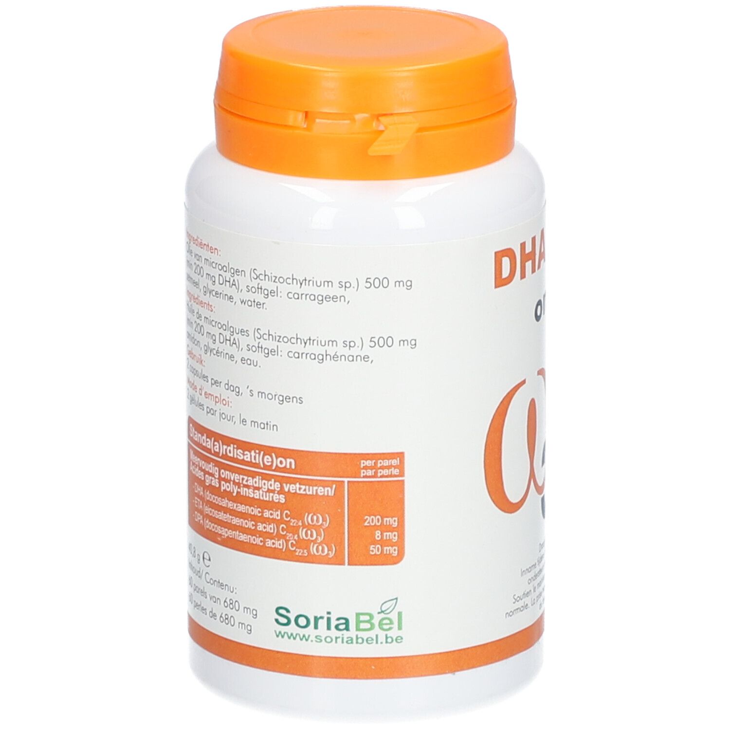 Dos du flacon blanc à bouchon orange. Contient des informations sur les ingrédients et les valeurs nutritionnelles. Marque SoriaBel.