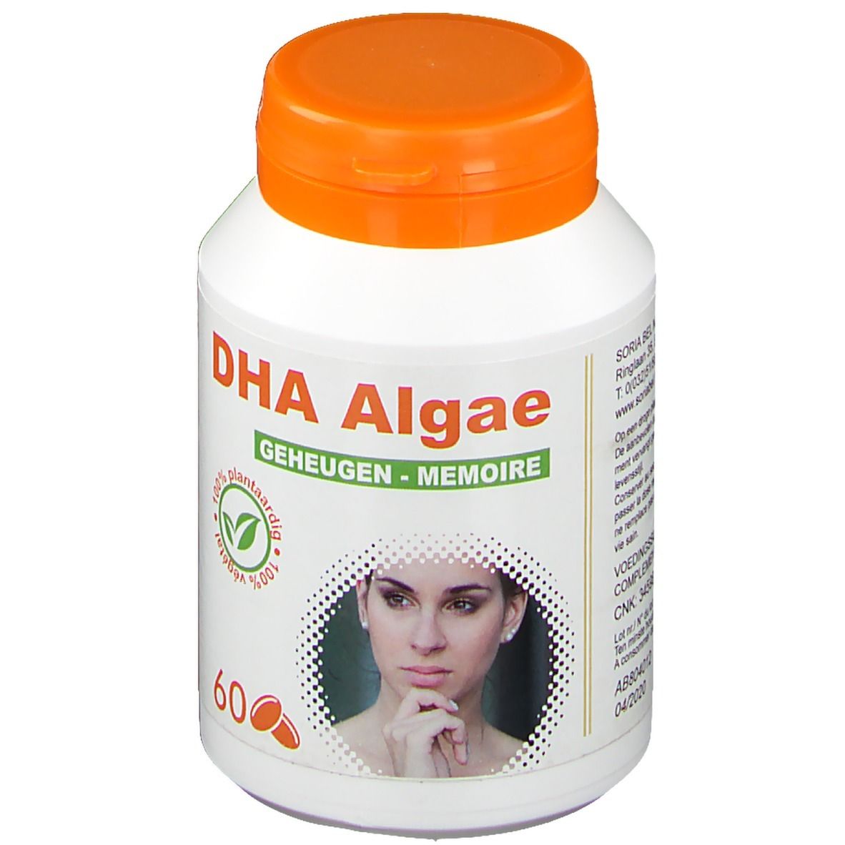 Flacon blanc à bouchon orange. Inscription DHA Algae. Image d'une femme. Contient 60 gélules. Logo ingrédients végétaux.