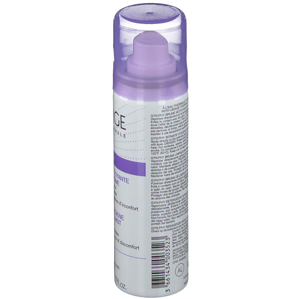 Cilindrische fles met verstuiver. Paarse en witte belettering. Tekst: Uriage, Gyn-Phy, Brume Nettoyante. Transparante dop.