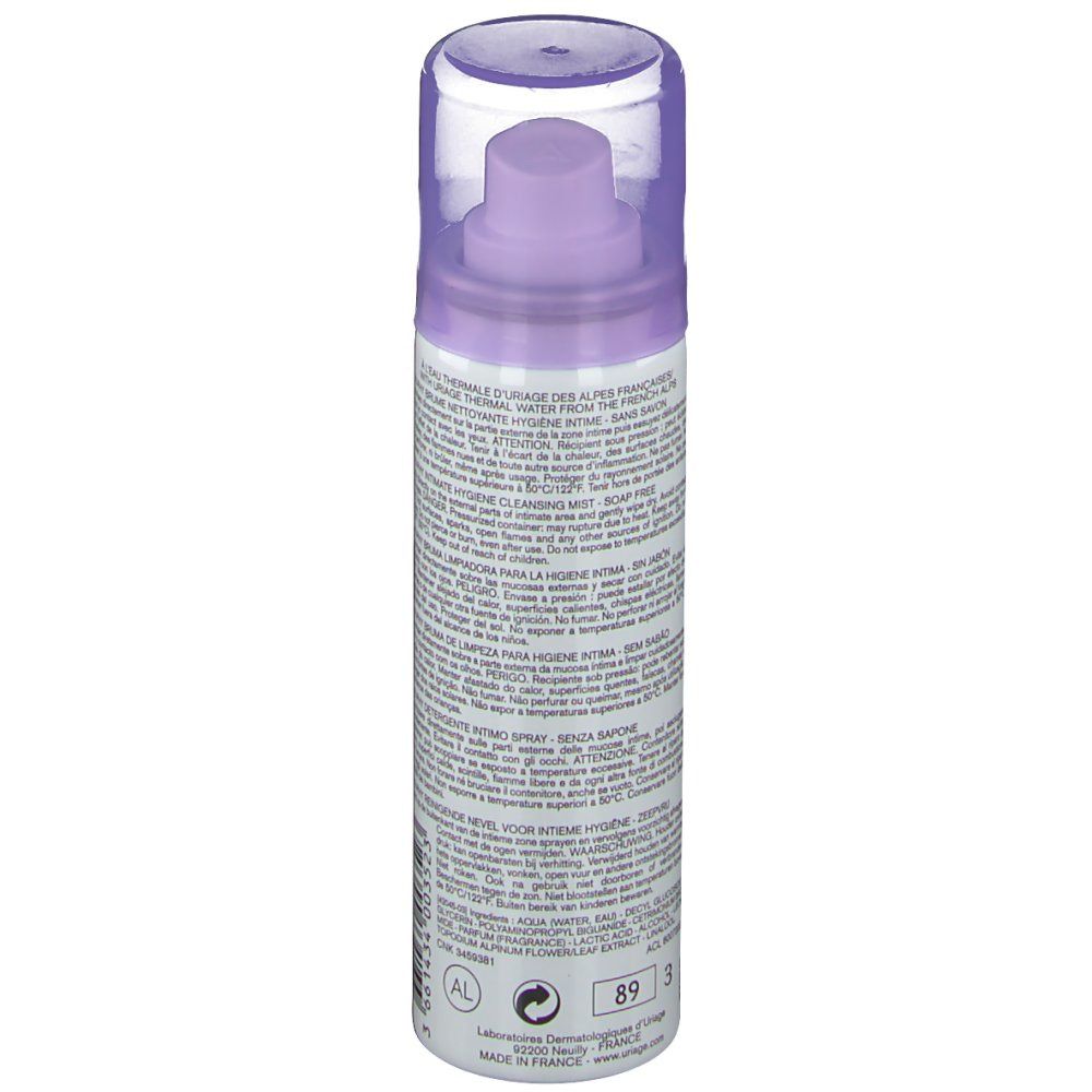 Cilindrische fles met verstuiver. Paarse en witte belettering. Tekst: Uriage, Gyn-Phy, Brume Nettoyante. Transparante dop.