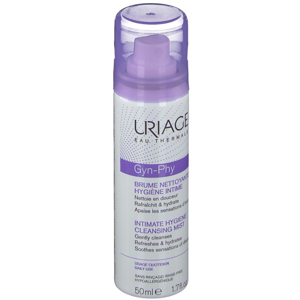 Cilindrische fles met verstuiver. Paarse en witte belettering. Tekst: Uriage, Gyn-Phy, Brume Nettoyante. Transparante dop.