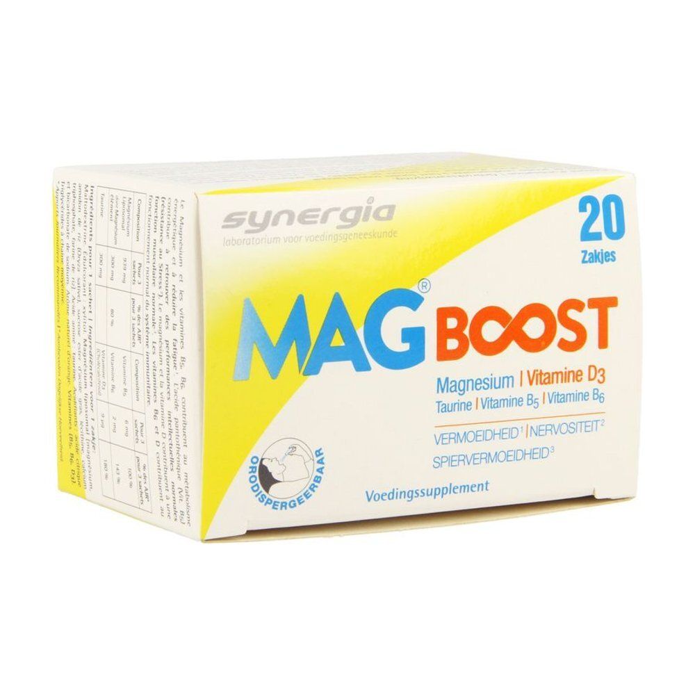 Doosje MAG BOOST met 20 zakjes. Bevat magnesium, vitamine D3, taurine, vitamine B6. Voedingssupplement.