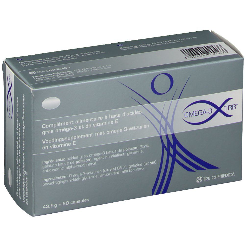 Doosje Omega-3 TRB® supplementen. Bevat 60 capsules. Grijze verpakking met productinfo en logo.