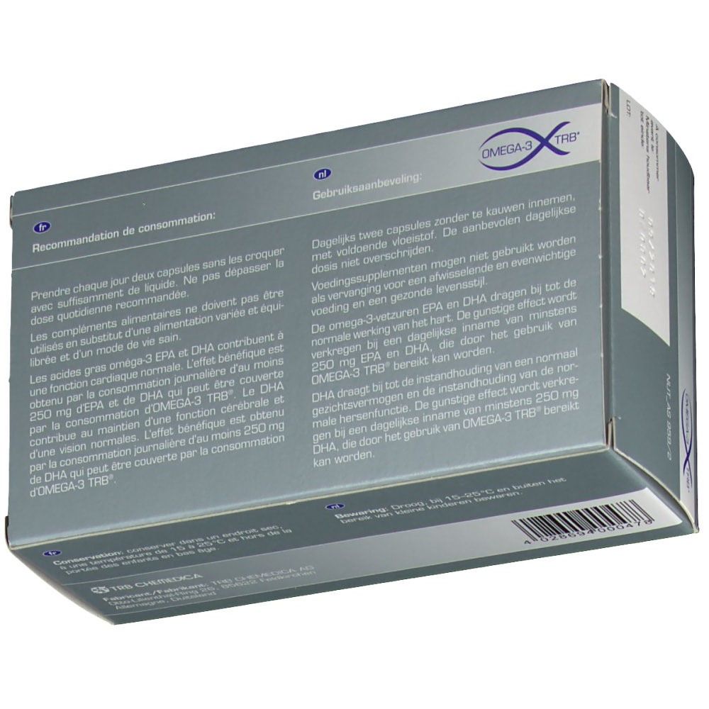 Achterkant van de Omega-3 TRB® verpakking. Bevat productinfo en doseringsadvies.