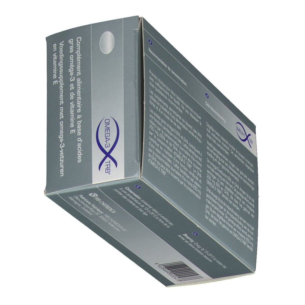 Schuine weergave van de Omega-3 TRB® verpakking. Grijze doos met productinfo.