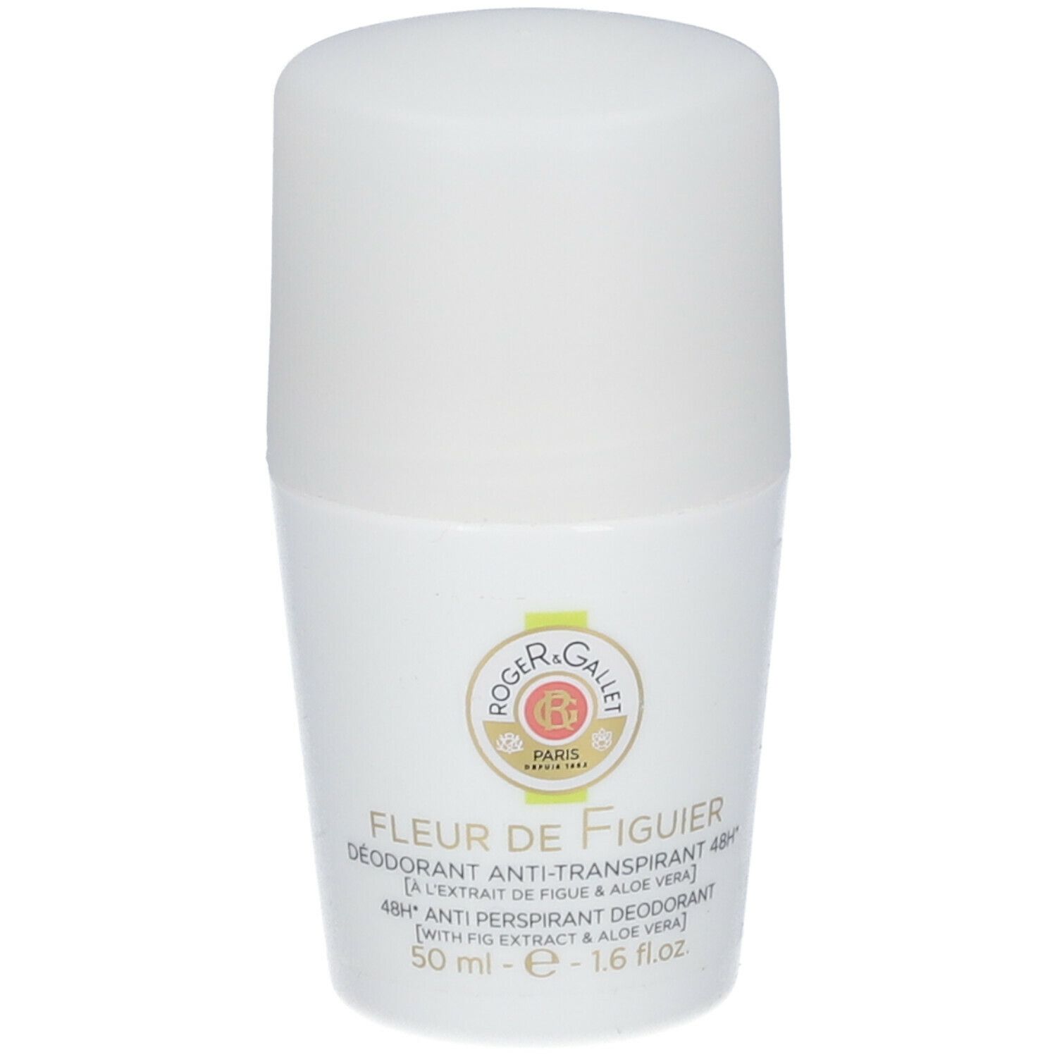 Déodorant roll-on blanc. Inscription: Fleur de Figuier, Roger & Gallet. 48h Anti-Transpirant Déodorant.
