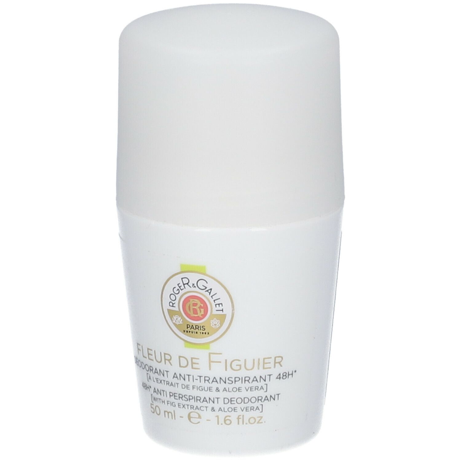 Déodorant roll-on blanc. Inscription: Fleur de Figuier, Roger & Gallet. 48h Anti-Transpirant Déodorant.