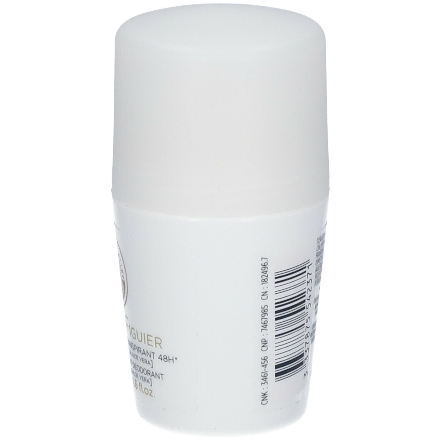 Dos du déodorant roll-on blanc. Inscription: Fleur de Figuier, Roger & Gallet. Code-barres.