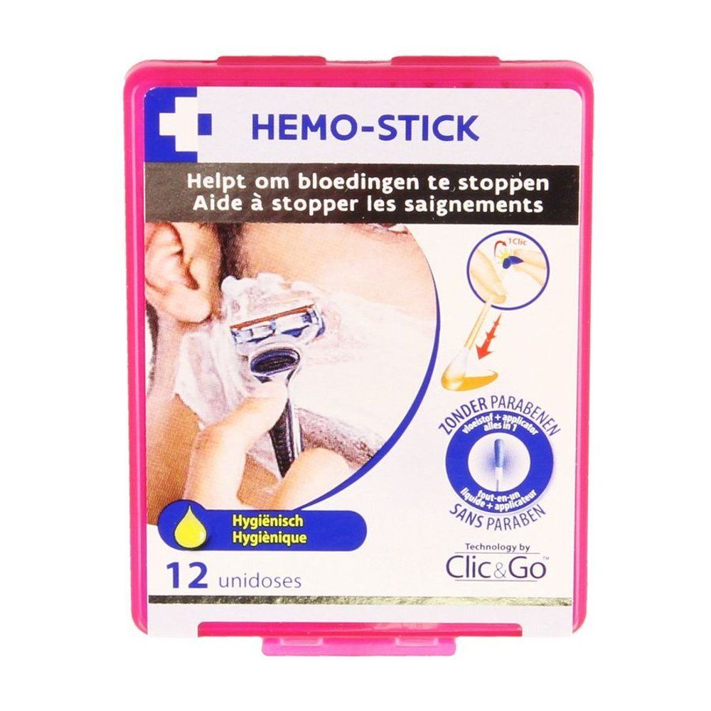 Boîte rose "HEMO-STICK", 12 unidoses. Texte: "Aide à stopper les saignements". Logo "Clic & Go".
