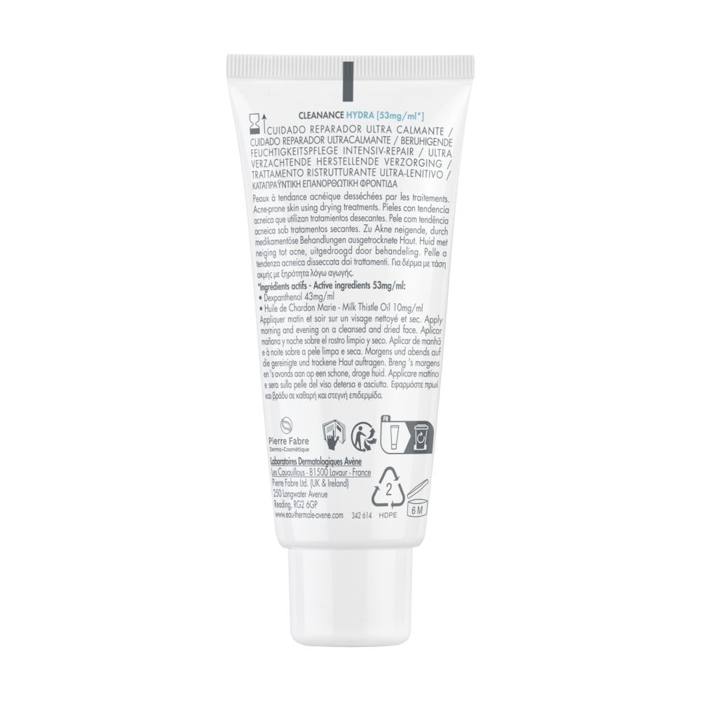 Tube blanc, bouchon vert. Inscription: Eau Thermale Avène, Cleanance Hydra, Crème apaisante, 40 ml.