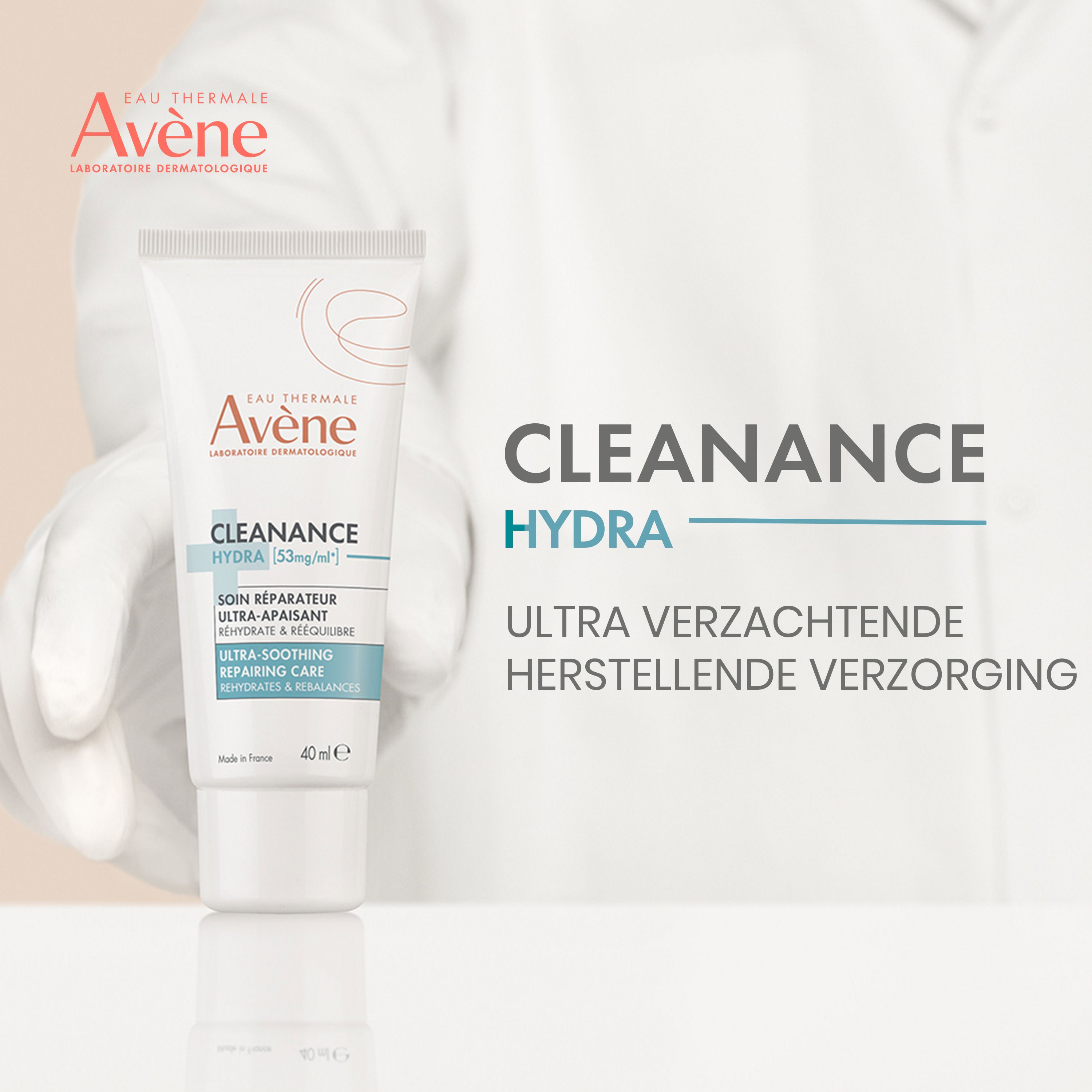 Tube en doosje Avène Cleanance Hydra verzachtende crème, productinformatie op beide.