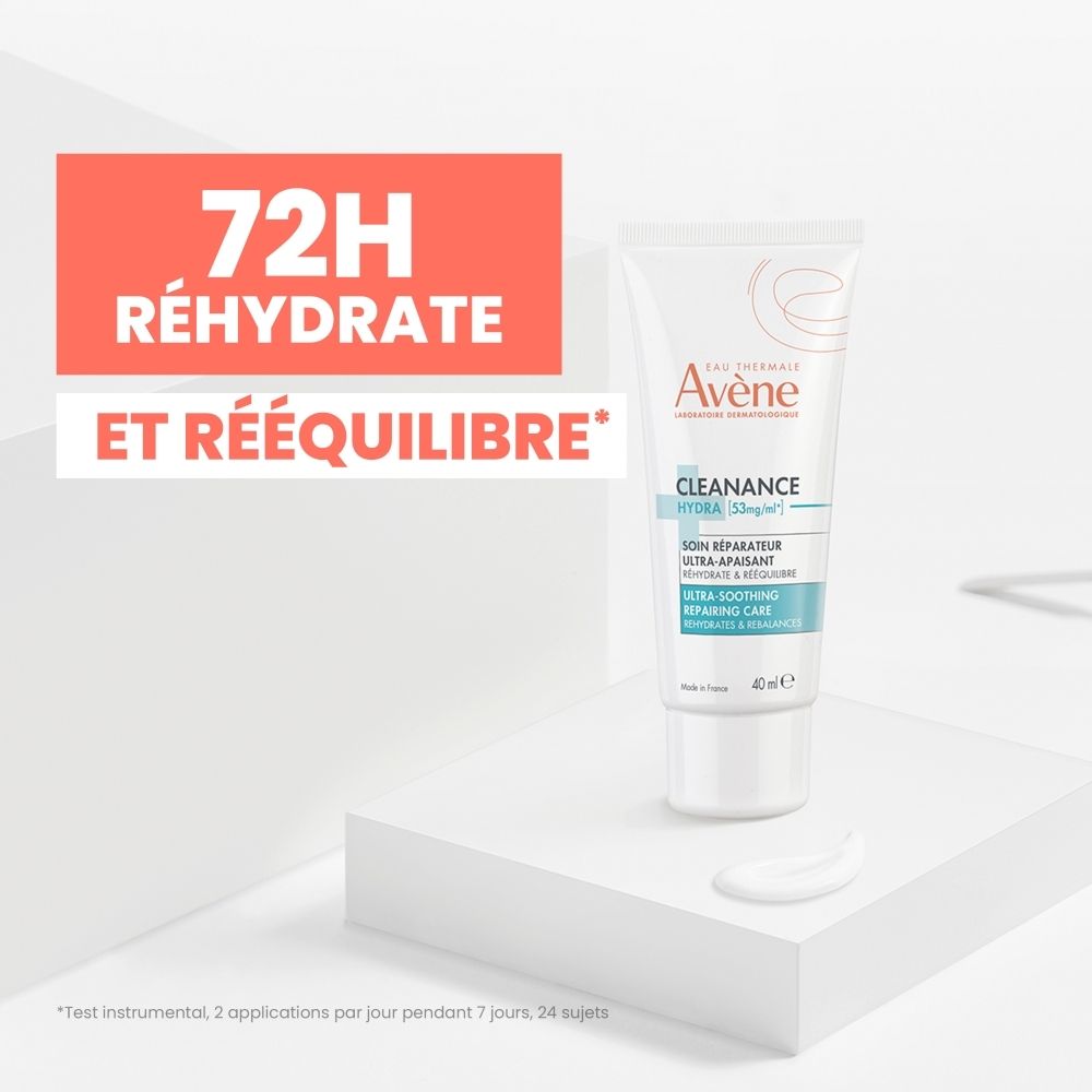 Emballage et tube. Inscription: Eau Thermale Avène, Cleanance Hydra, Crème apaisante, 40 ml.