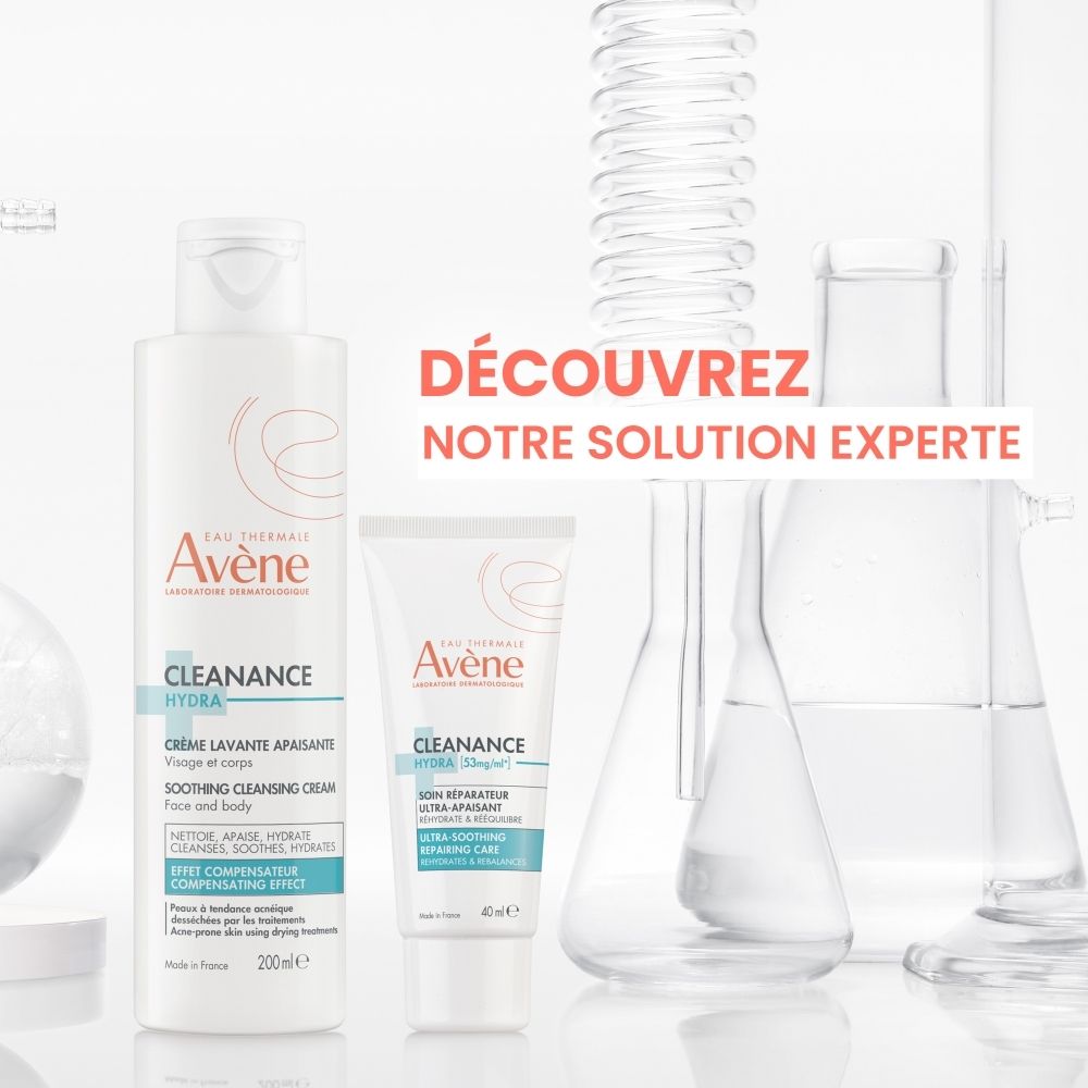 Emballage. Texte: Eau Thermale Avène, Cleanance Hydra, Propriétés, Ingrédients, 40 ml.