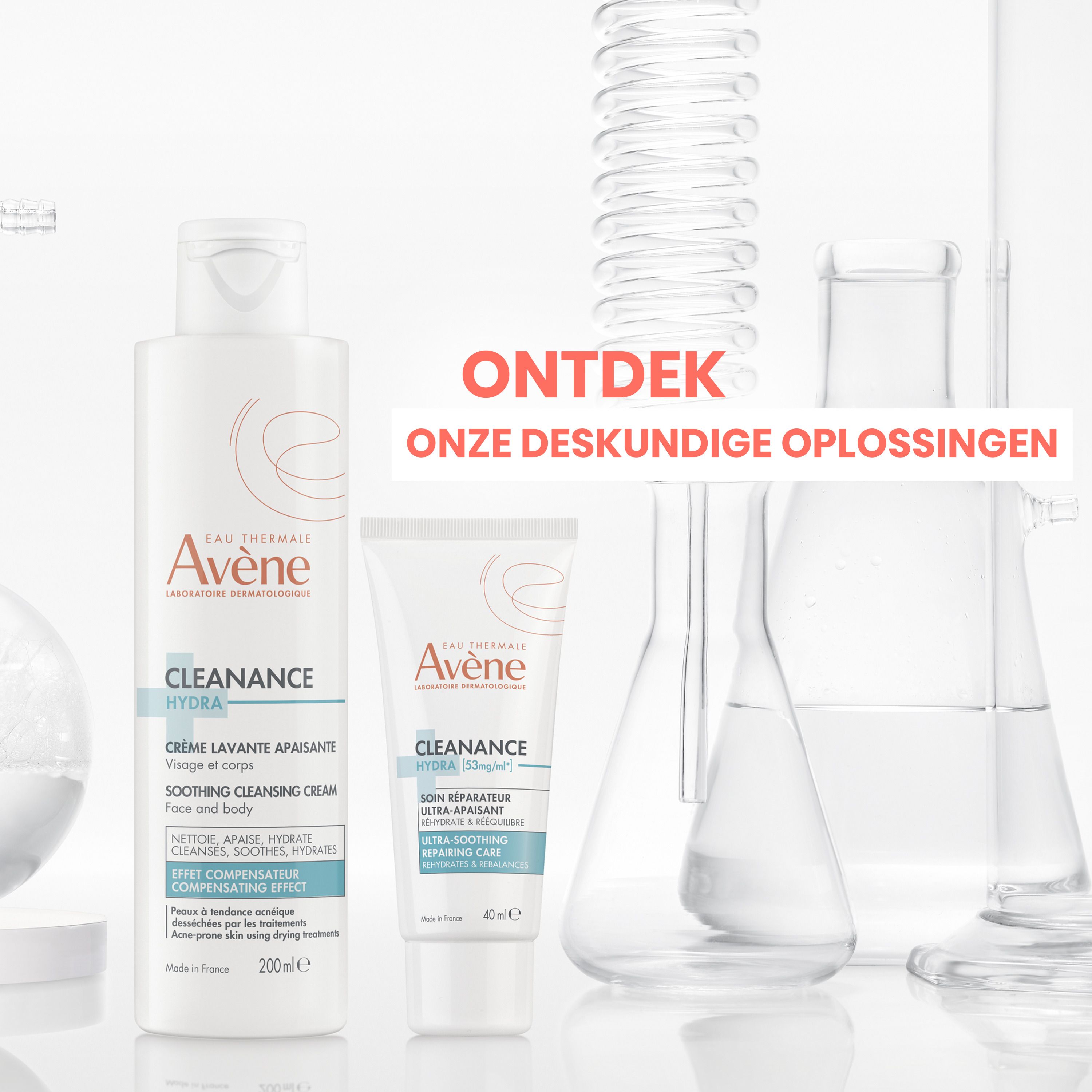Achterkant van het doosje Avène Cleanance Hydra verzachtende crème met meertalige gebruiksaanwijzing.