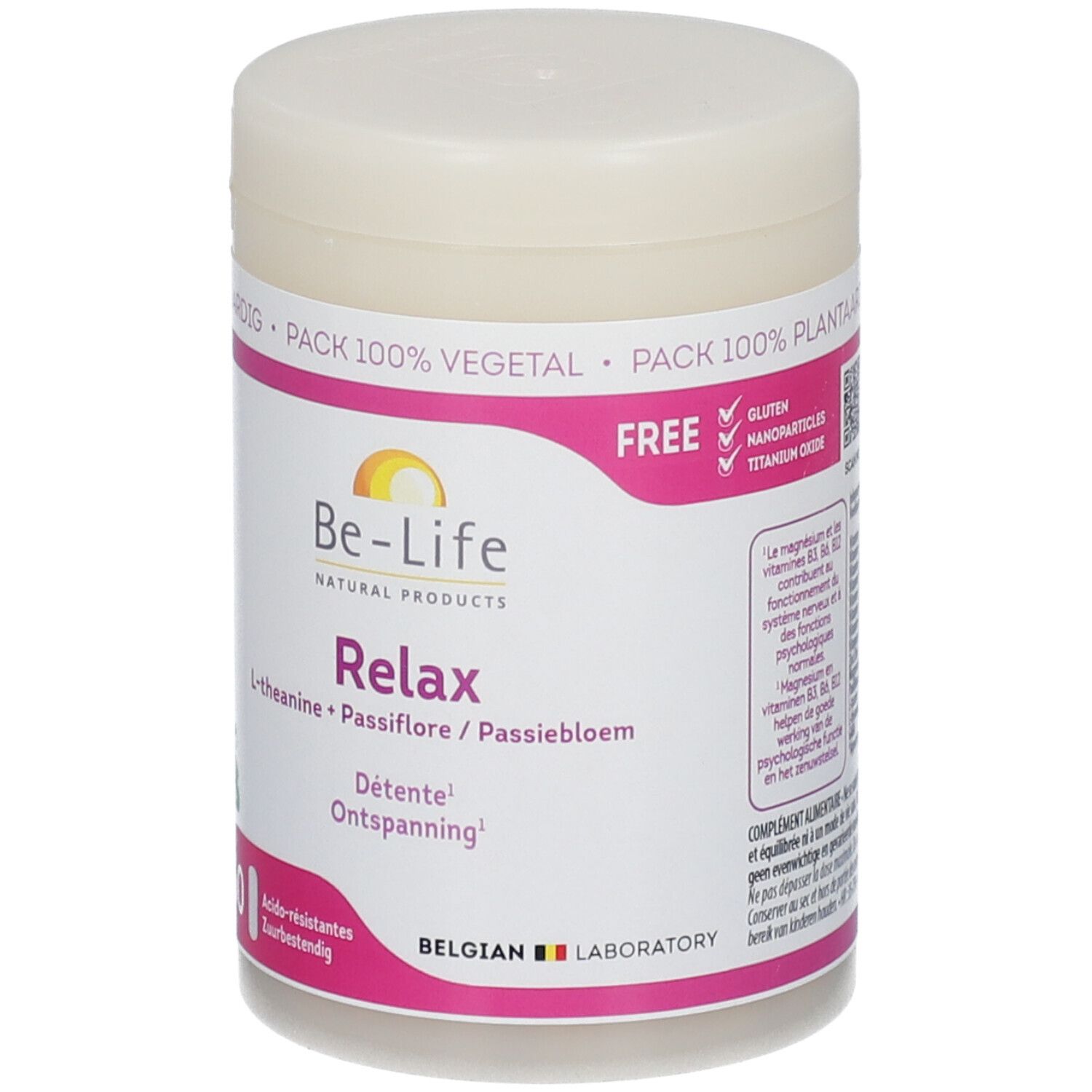 Boîte avec couvercle blanc. Inscription : Be-Life Relax, 60 gélules. Accents roses et jaunes. Texte en allemand, français et néerlandais. Sans gluten.