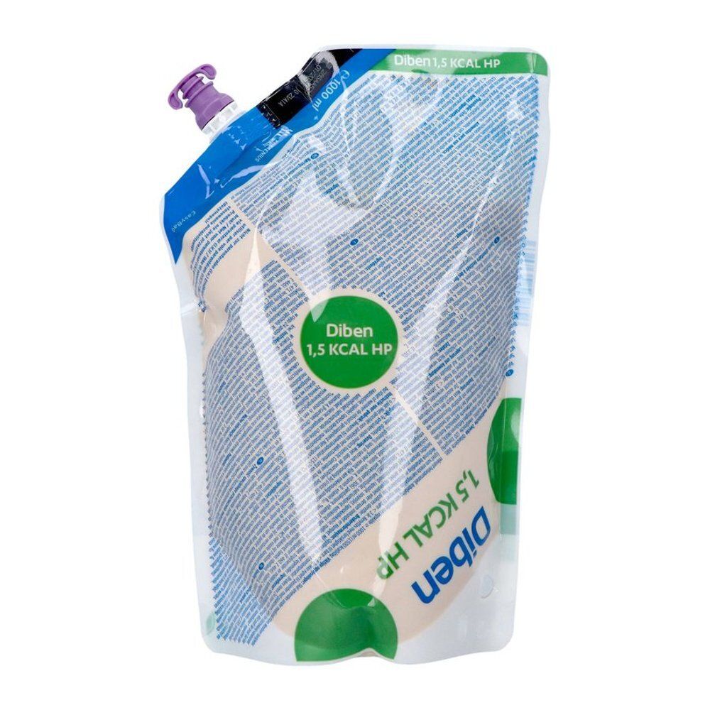 Zakje met vloeistof. Opschrift Diben 1,5 Kcal HP. Groene cirkel met Diben 1,5 Kcal HP. Paarse dop bovenaan.