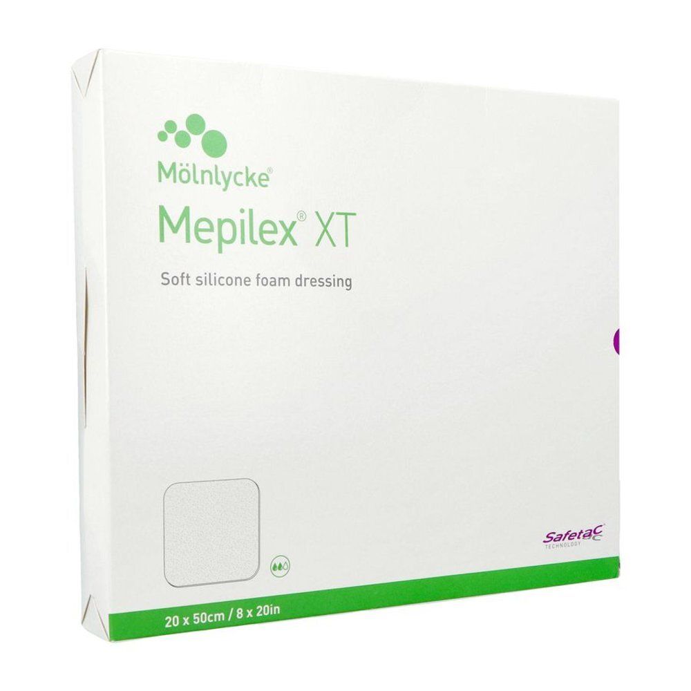 Emballage Mepilex XT blanc avec détails verts. Inscription: Mepilex XT, Soft silicone foam dressing. Dimensions: 20 x 50 cm.