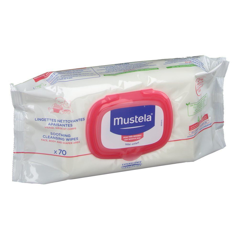 Verpakking Mustela reinigingsdoekjes. Roze deksel met logo. Bevat 70 doekjes. Tekst: Lingettes nettoyantes apaisantes.