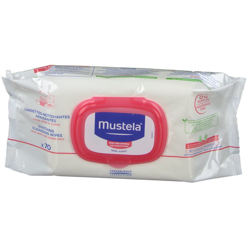 Mustela reinigingsdoekjes verpakking. Roze deksel met logo. Bevat 70 doekjes. Tekst: Lingettes nettoyantes apaisantes. 0% Parfum.