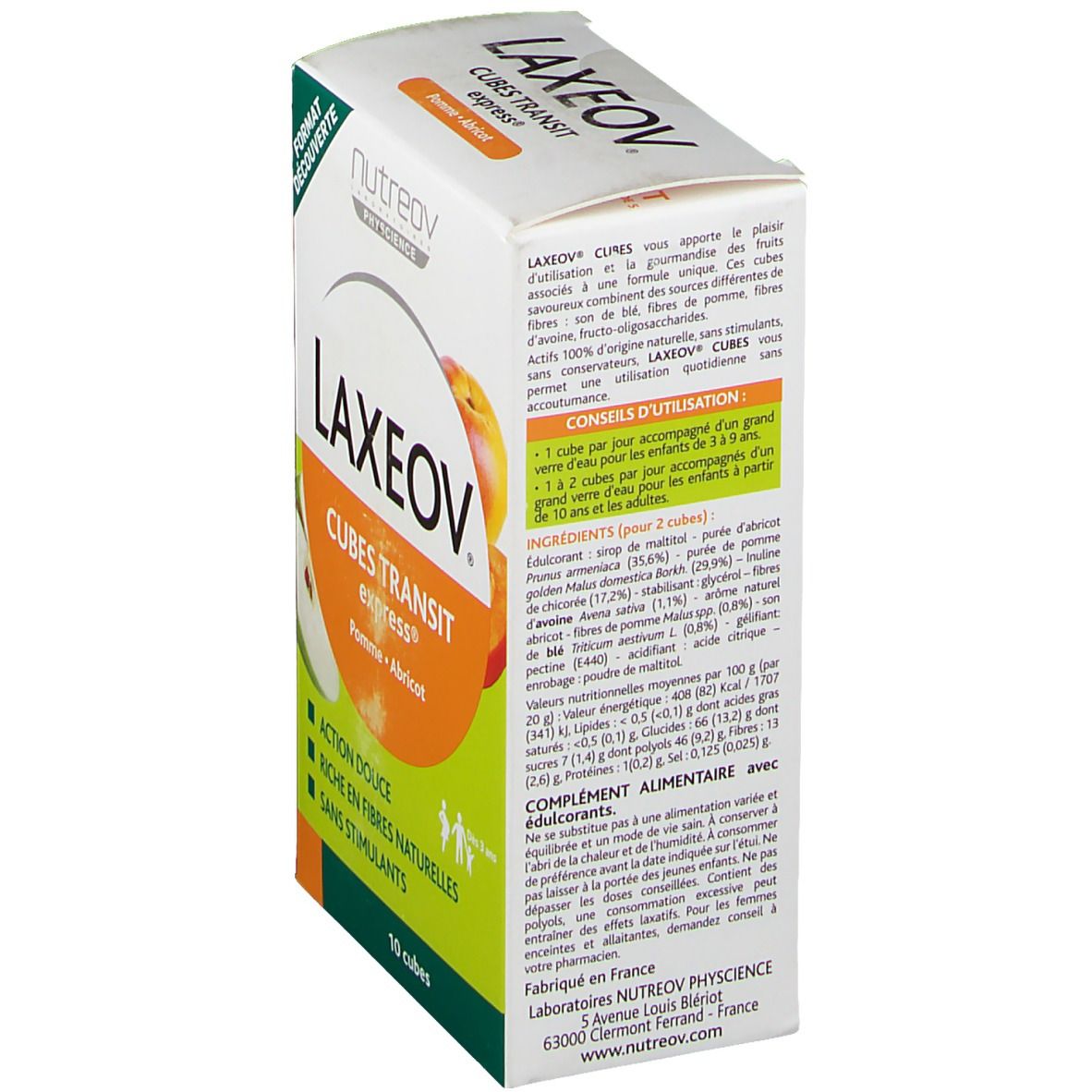 Achterkant verpakking LAXEOV, Blokjes Transit Express Appel-Abrikoos. Ingrediënten en gebruiksaanwijzing. Merk Nutreov Physcience.