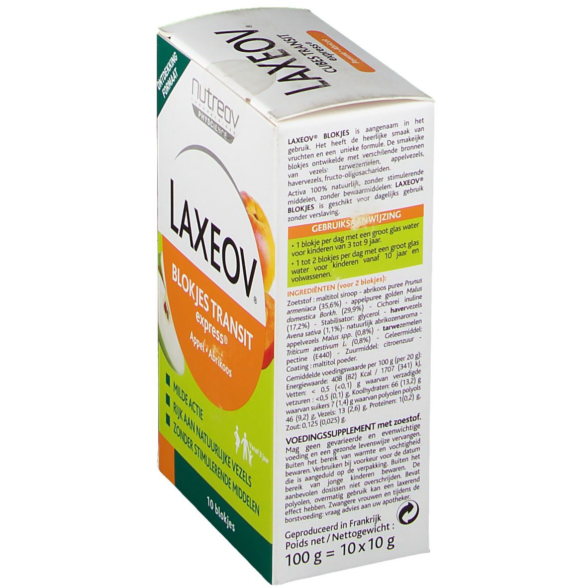 Achterkant verpakking LAXEOV, Blokjes Transit Express Appel-Abrikoos. Ingrediënten, gebruiksaanwijzing. Merk Nutreov Physcience.