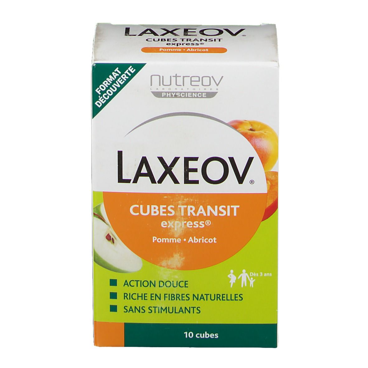 Verpakking LAXEOV, Cubes Transit Express Appel-Abrikoos. 10 cubes. Merk Nutreov Physcience. Opschrift: Action douce, Riche en fibres naturelles.