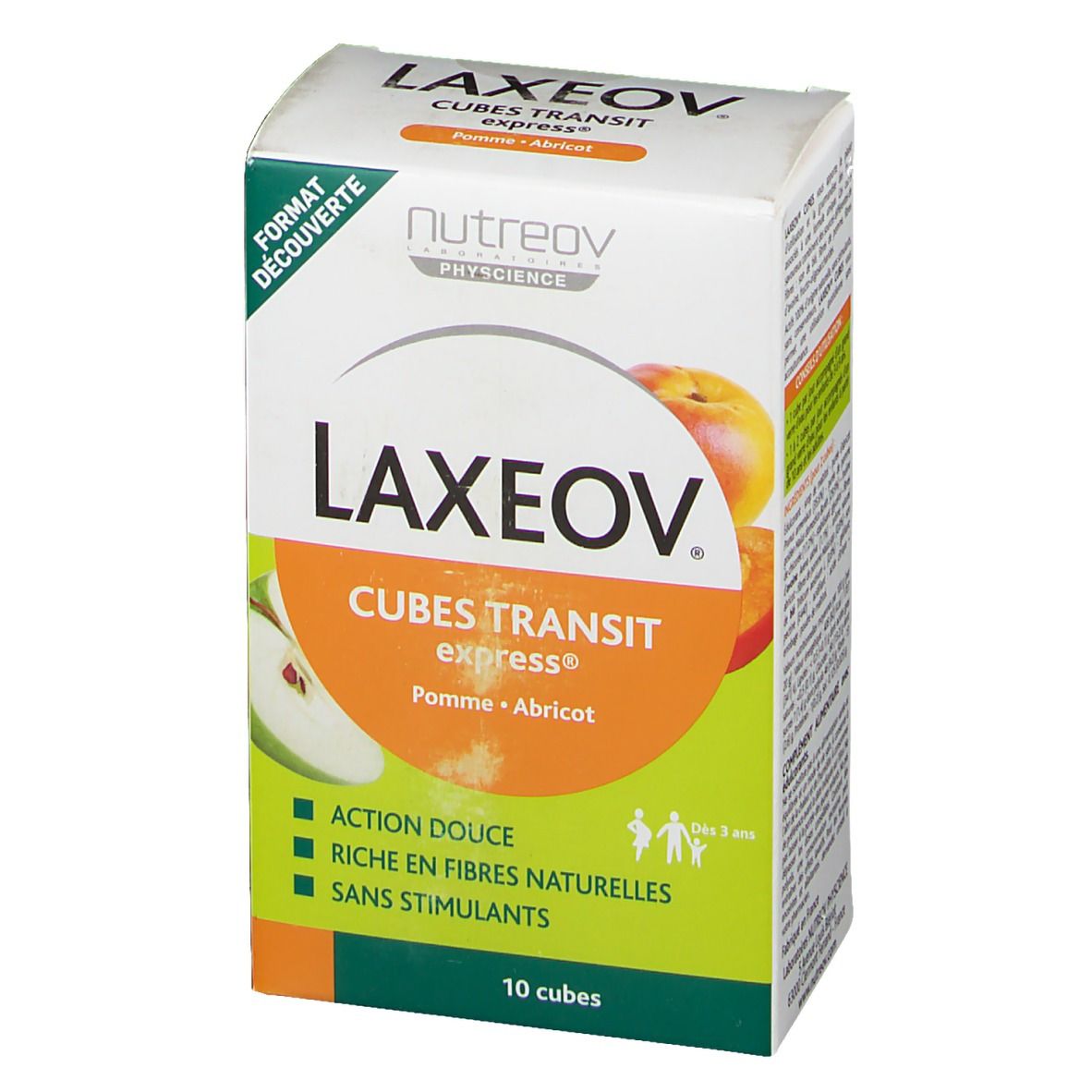 Verpakking LAXEOV, Cubes Transit Express Appel-Abrikoos. 10 cubes. Merk Nutreov Physcience. Opschrift: Action douce, Riche en fibres naturelles.