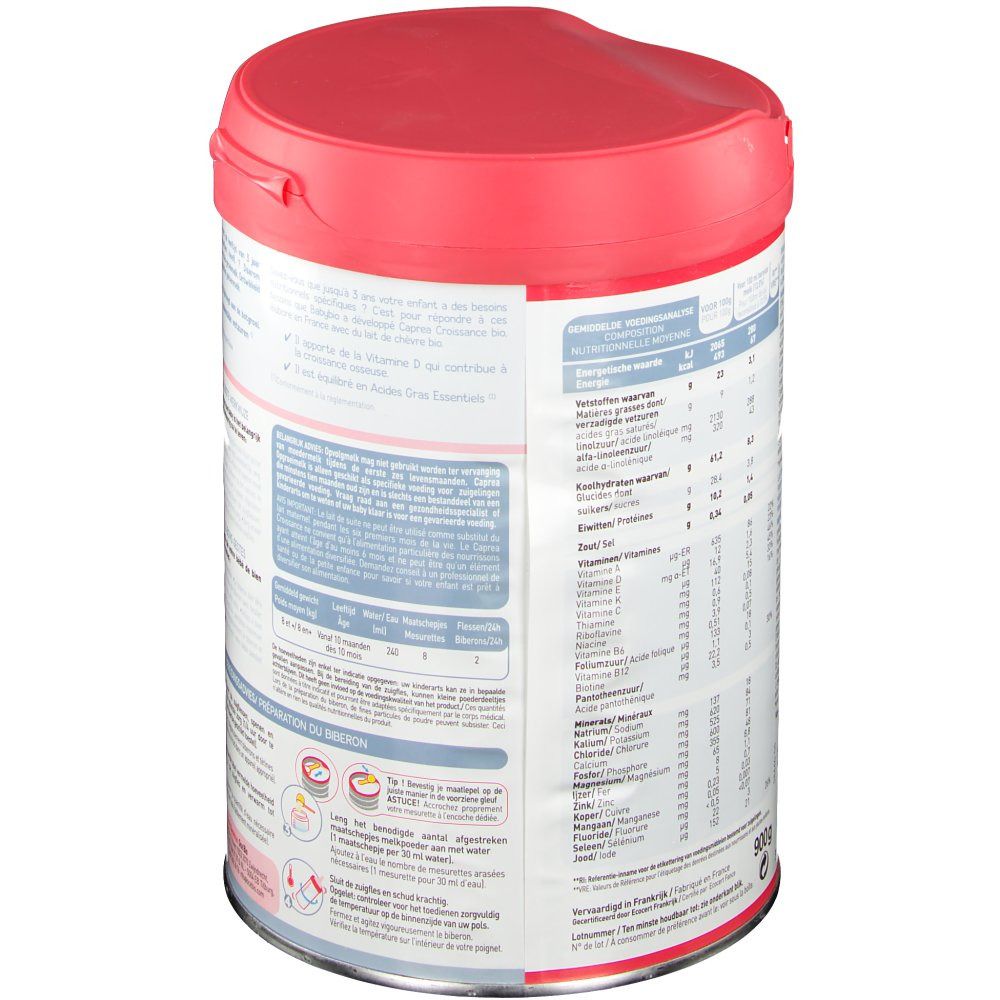 Boîte Babybio lait de suite 3, à base de lait de chèvre. Couvercle rouge, boîte blanche avec texte. Vue arrière avec informations nutritionnelles.