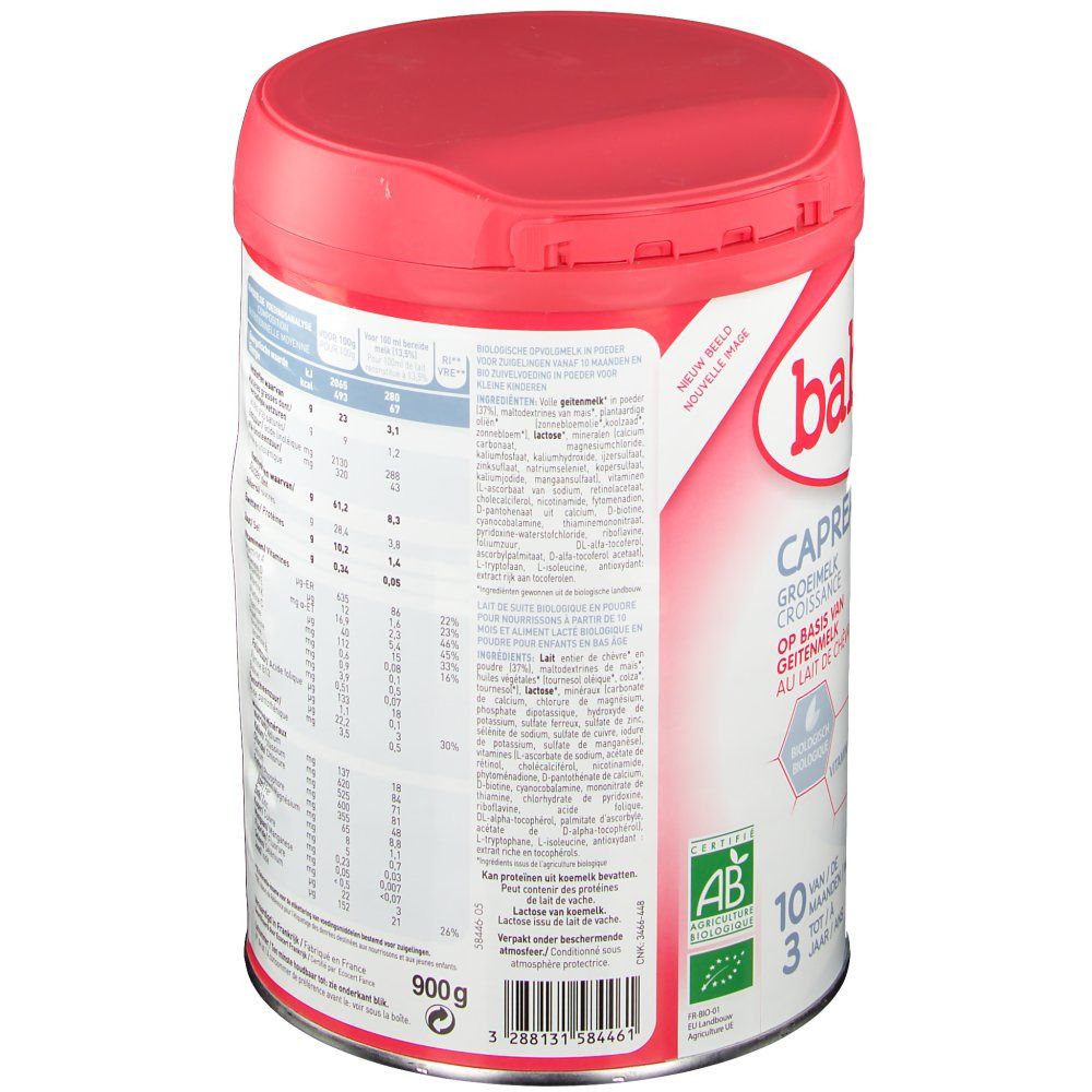 Boîte Babybio CAPREA lait de suite 3, à base de lait de chèvre. Couvercle rouge, boîte blanche avec texte et logo. Label bio.