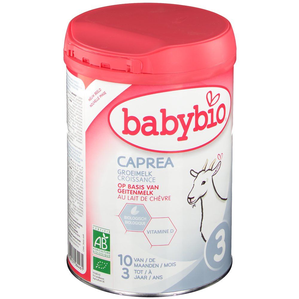 Boîte Babybio CAPREA lait de suite 3, à base de lait de chèvre. Couvercle rouge, boîte blanche avec logo, chèvre et texte. Label bio.
