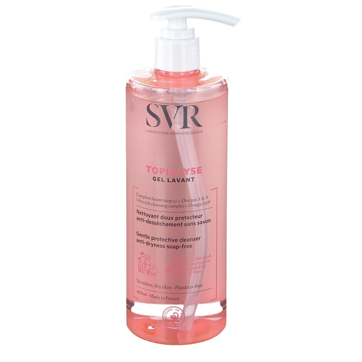Transparante fles met roze vloeistof en witte pomp. Opschrift SVR, Topialyse Gel Lavant.