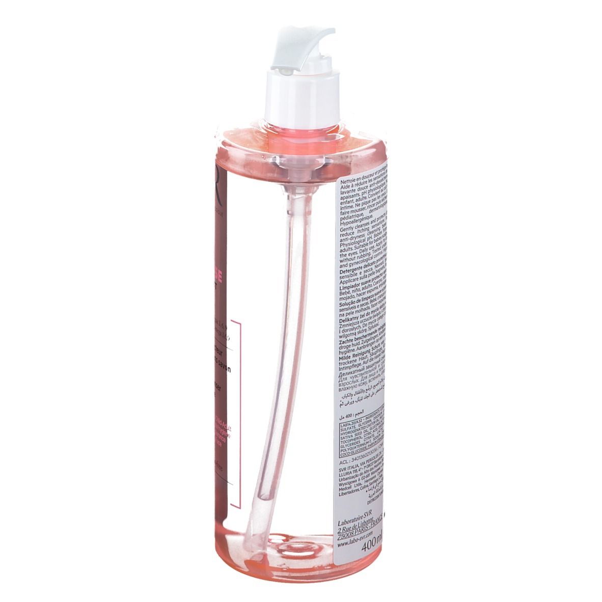 Transparante fles met roze vloeistof en witte pomp. Achterkant met tekst.