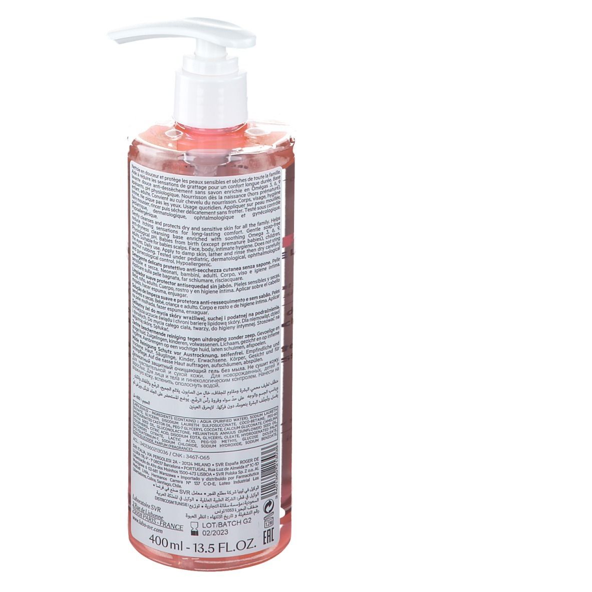 Transparante fles met roze vloeistof en witte pomp. Achterkant met tekst.