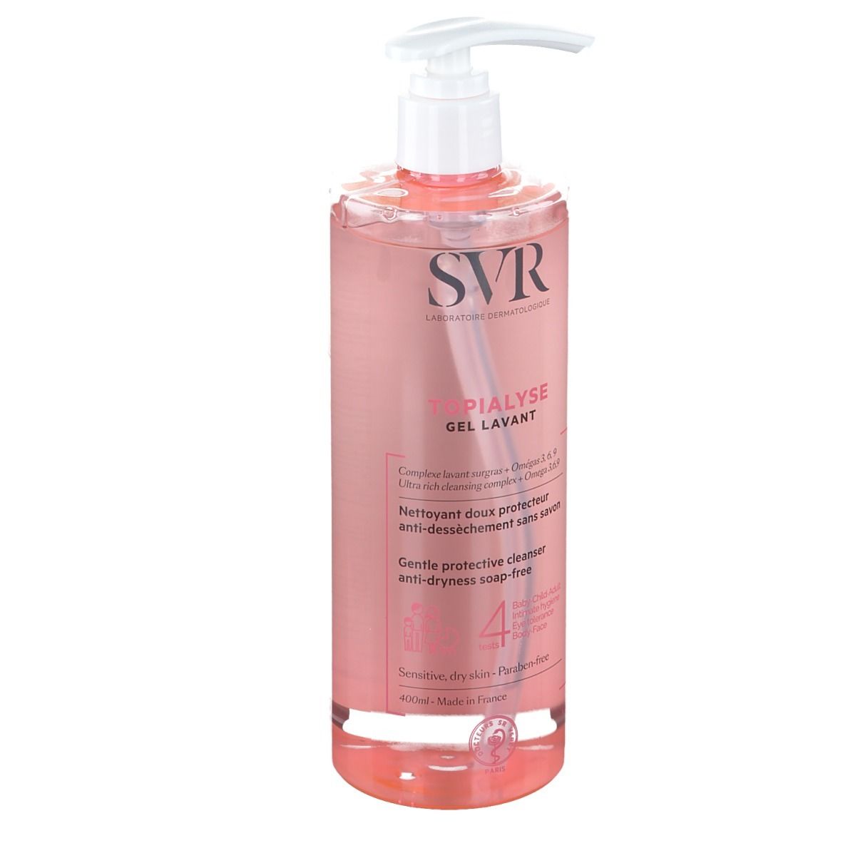 Transparante fles met roze vloeistof en witte pomp. Opschrift SVR, Topialyse Gel Lavant.
