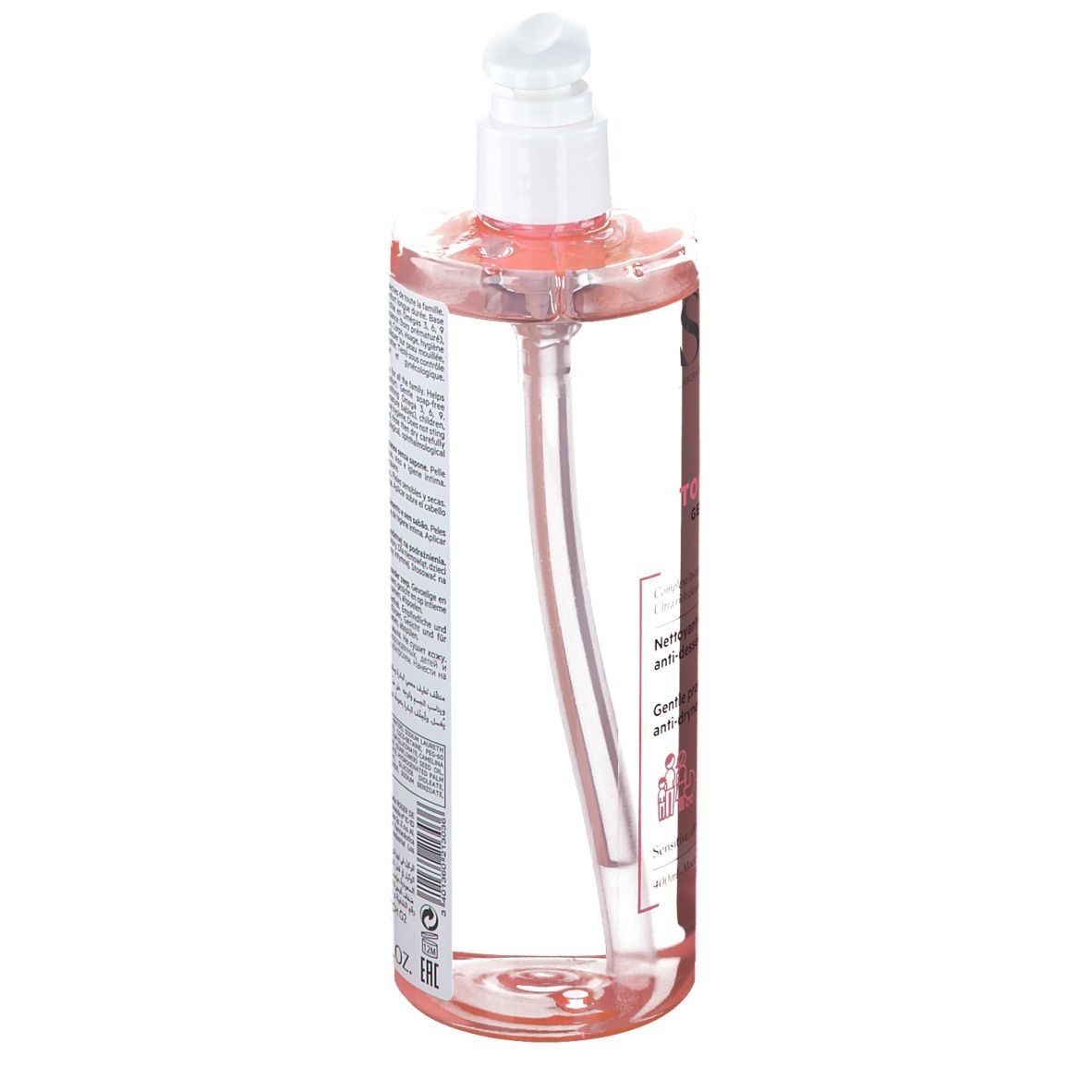 Transparante fles met roze vloeistof en witte pomp. Achterkant met tekst.