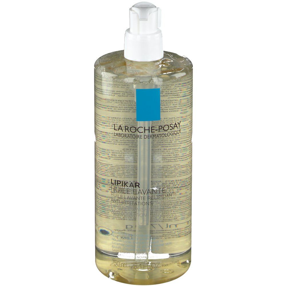 Flacon transparent avec pompe doseuse. Inscription: La Roche-Posay, Lipikar Huile Lavante. Marque bleue.