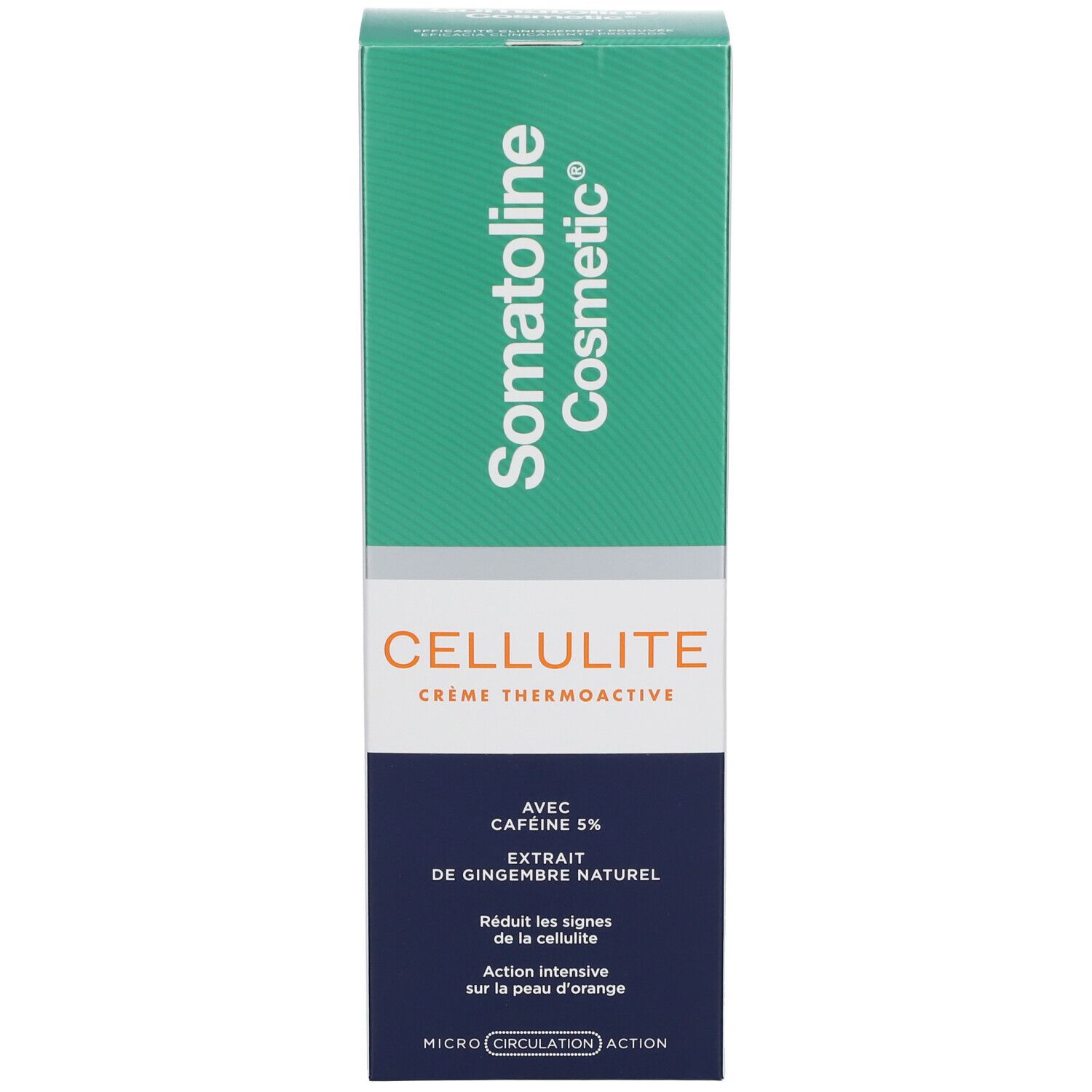 Productverpakking. Groene doos op witte achtergrond. Opschrift Somatoline Cosmetic, Cellulite Crème Thermoactive, met 5% cafeïne.
