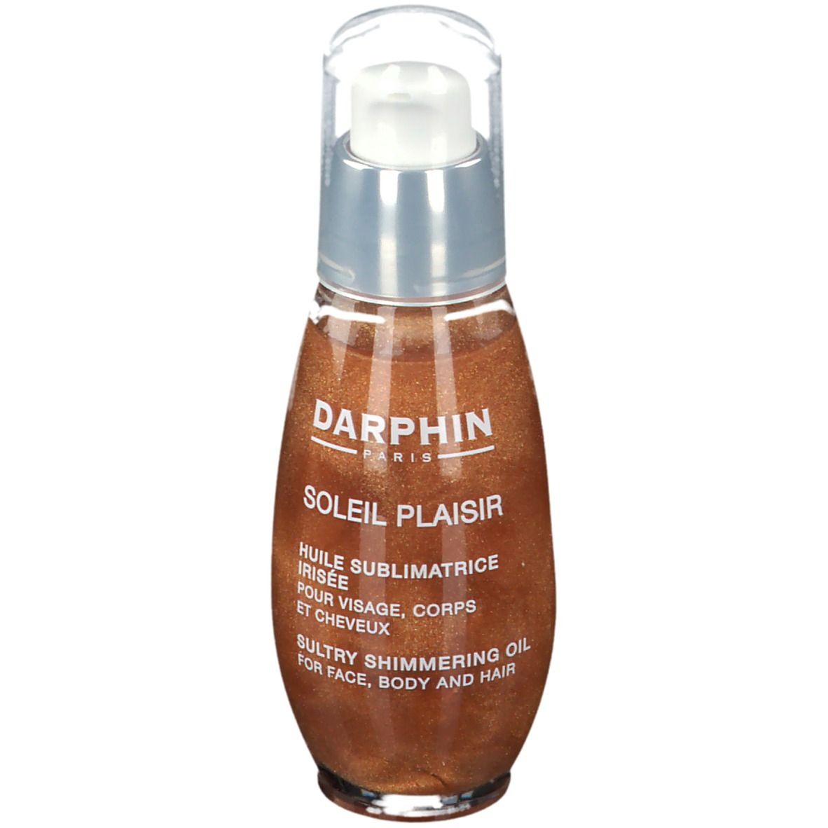 Lichaamsolie fles met pomp. Transparante dop, zilveren kraag, bruine olie met glitter. Tekst: DARPHIN, SOLEIL PLAISIR, Sultry Shimmering Oil.