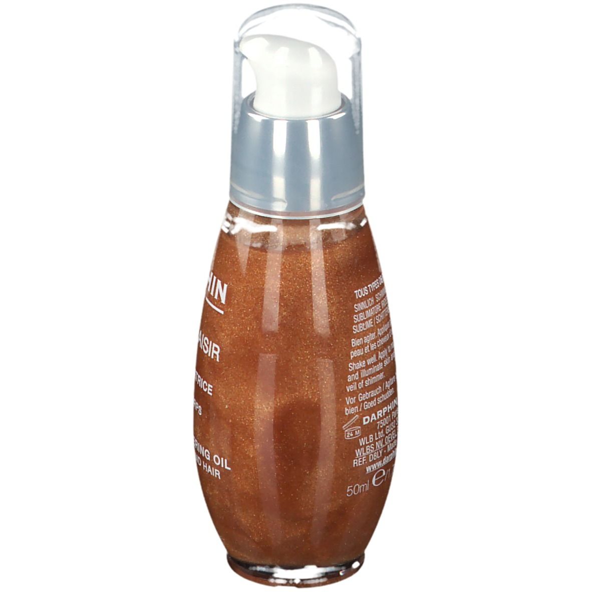 Achteraanzicht van de oliefles. Transparante dop, zilveren kraag, bruine olie. Tekst: DARPHIN, SOLEIL PLAISIR, HUILE SUBLIMATRICE IRISÉE.