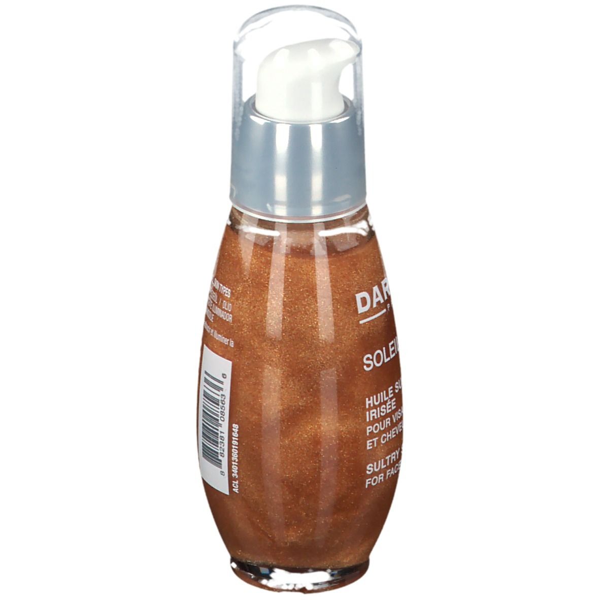 Achteraanzicht van de oliefles. Transparante dop, zilveren kraag, bruine olie. Tekst: DARPHIN, SOLEIL PLAISIR, HUILE SUBLIMATRICE IRISÉE.