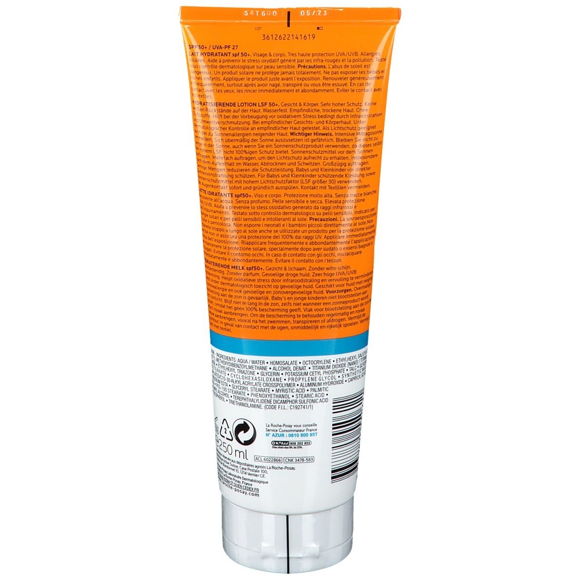 Dos d'un tube de lait solaire. Texte et code-barres. Couleurs orange et blanc. 250ml.
