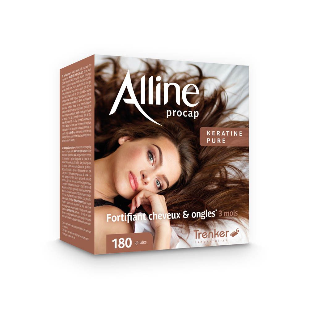 Boîte avec nom du produit et image d'une femme aux cheveux longs. Texte en français.