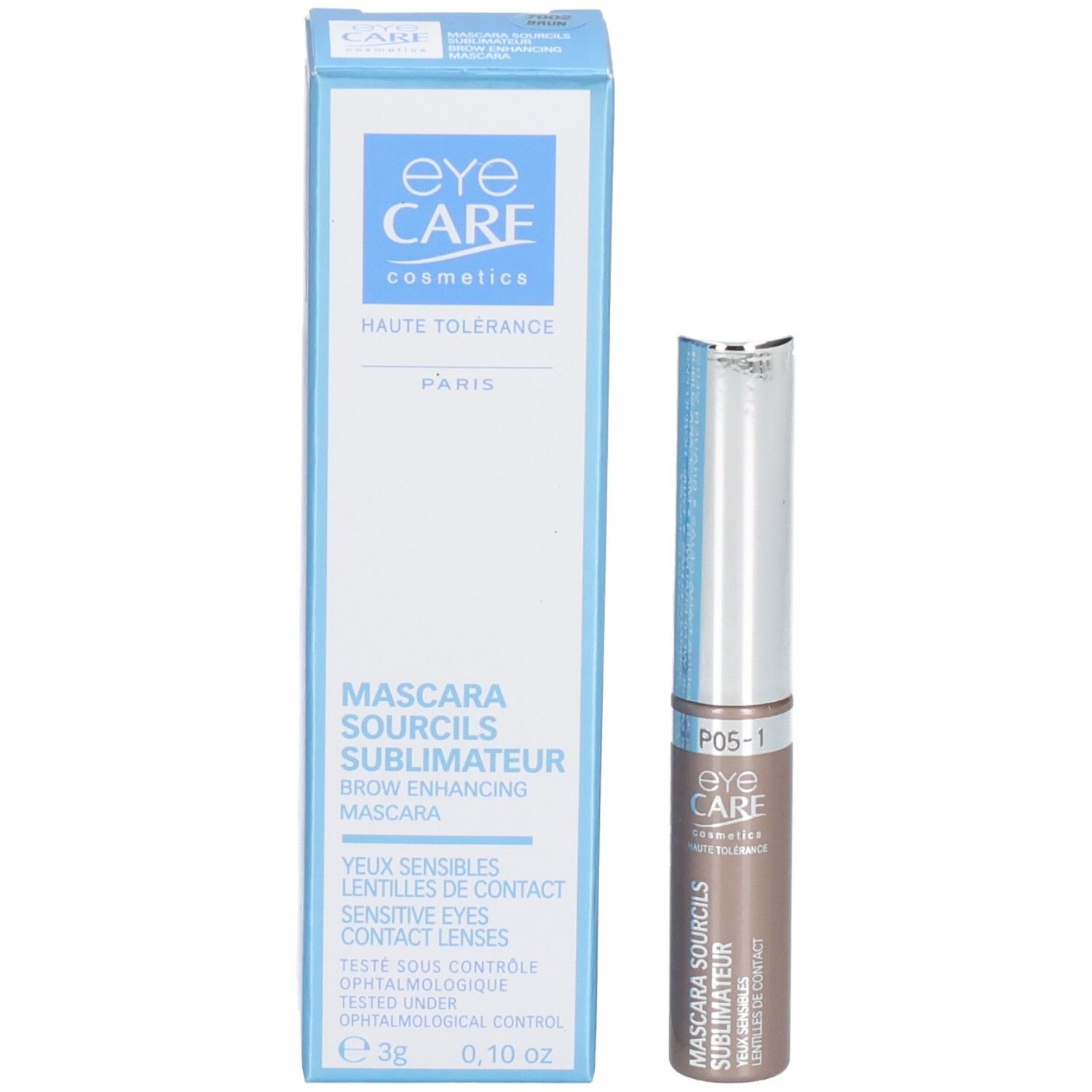 Wenkbrauwmascara en verpakking. Tube en doos. Merk en productinformatie.