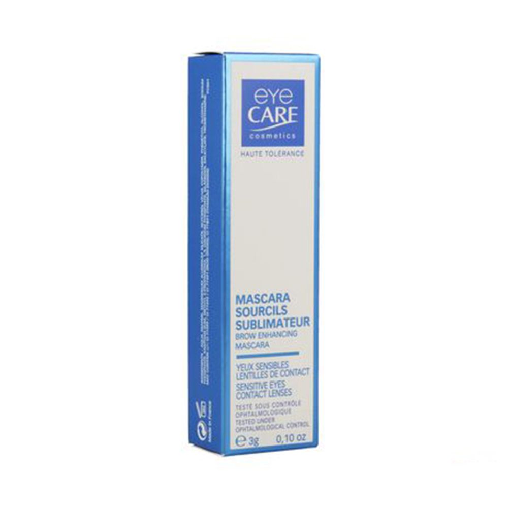 Kartonnen verpakking van wenkbrauwmascara. Blauw en witte verpakking met productnaam en merk EYE CARE.