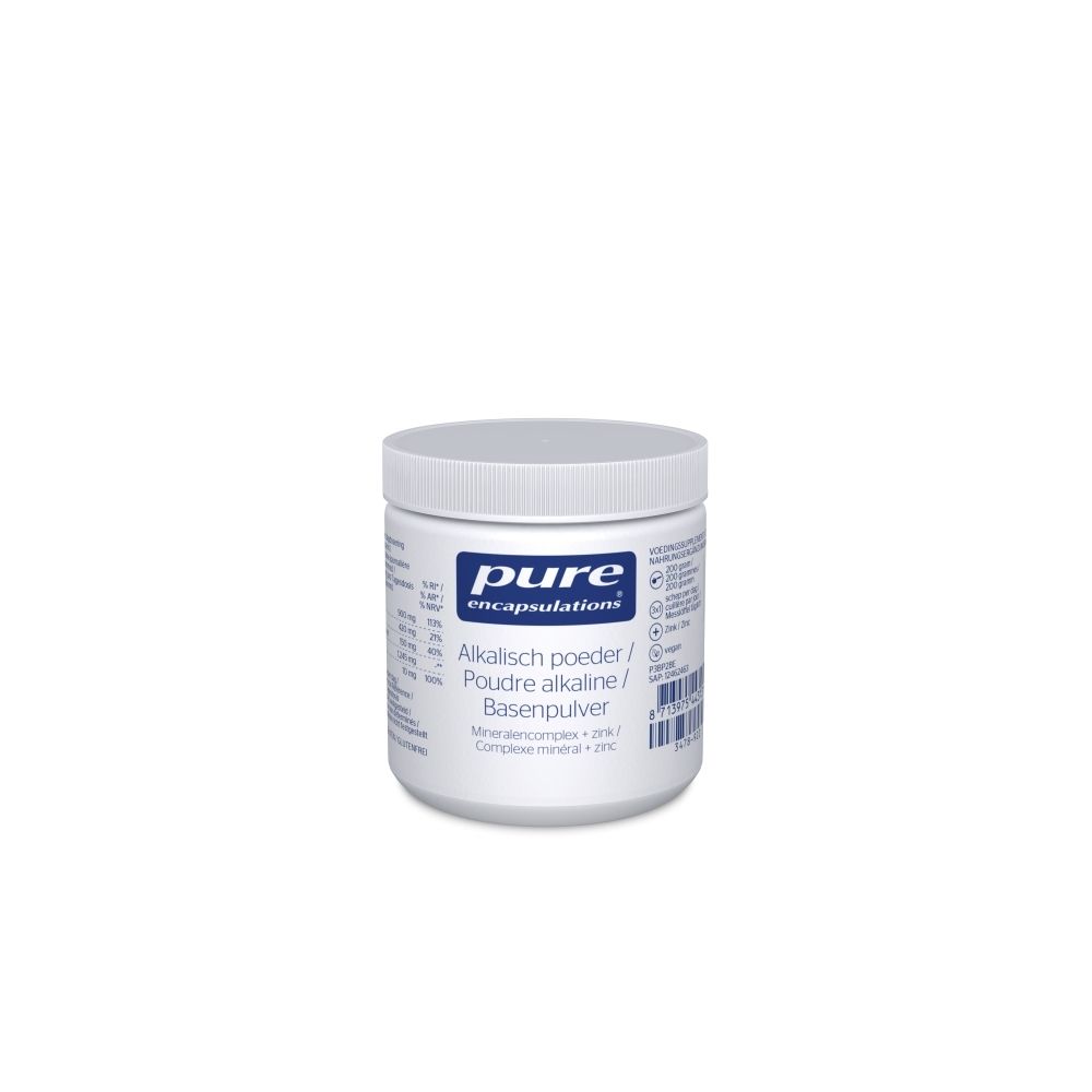Récipient blanc avec étiquette bleue. L'étiquette indique "pure encapsulations" et "Poudre alcaline".