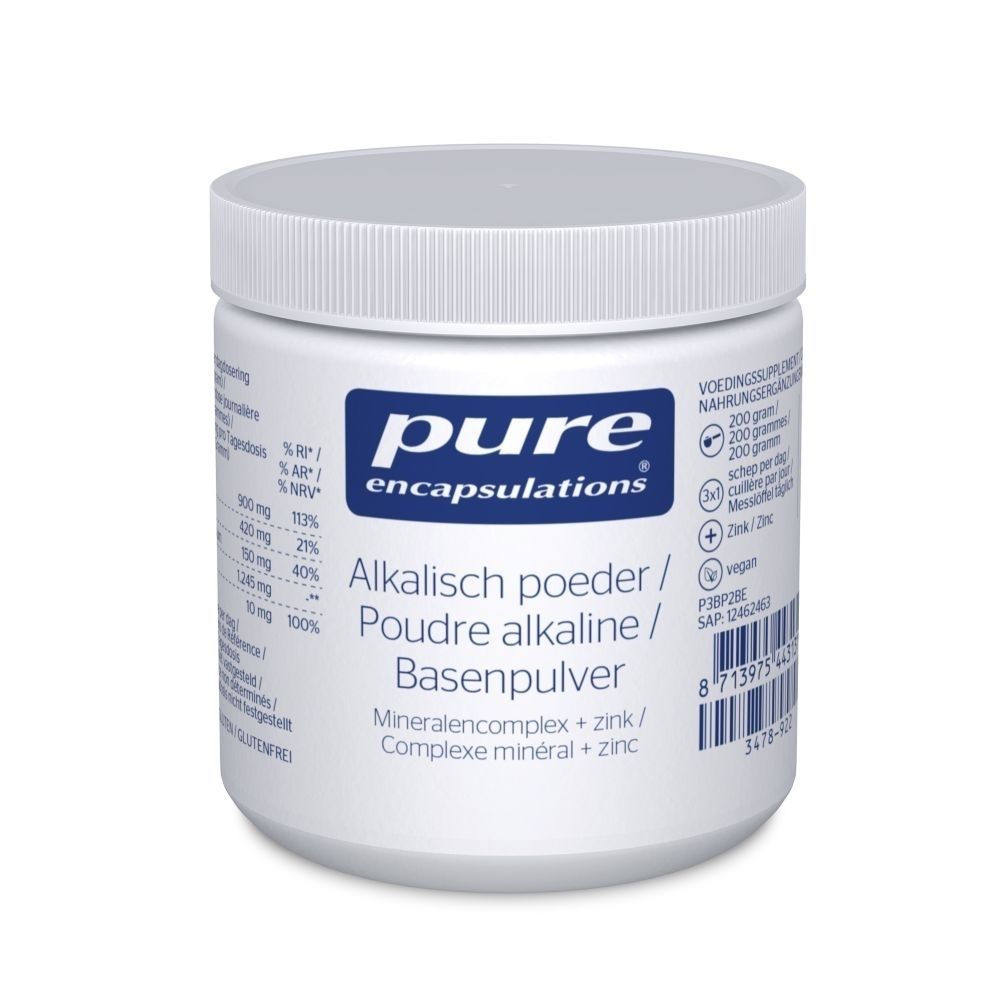 Witte pot met blauw etiket. Op het etiket staat "pure encapsulations" en "Basenpulver".