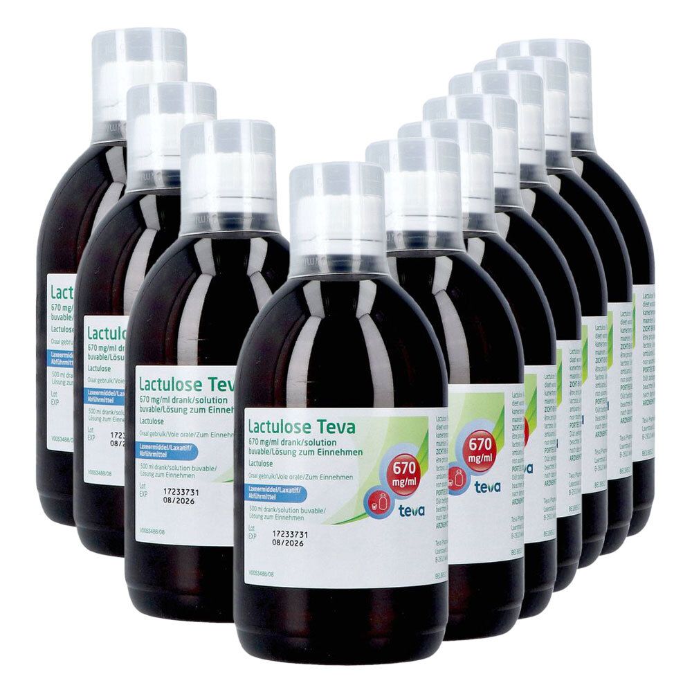Meerdere flessen Lactulose Teva 670 mg/ml. Bruine vloeistof, witte dop. Etiket met productinfo en Teva-logo.